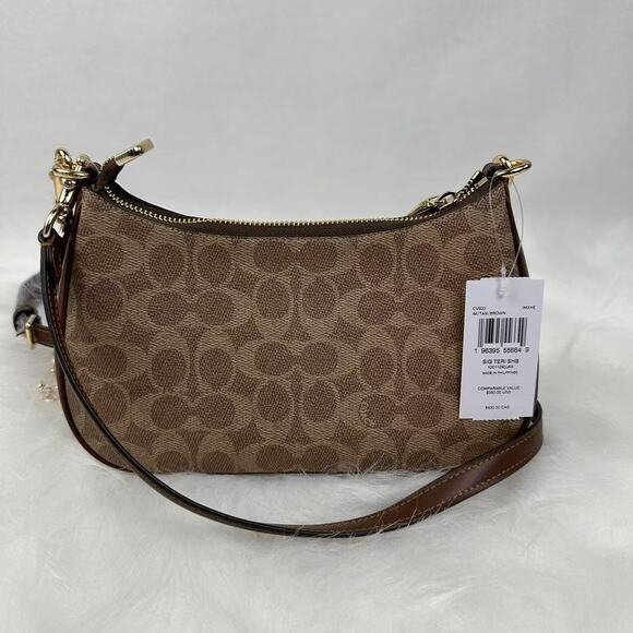 Coach Teri Shoulder Crossbody Bag In Signature Canvas/Tan/Brown CV933 NWT - Picture 4 of 10